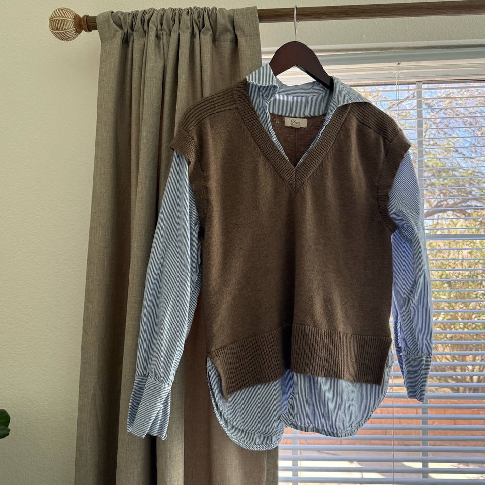 Elan Brown Knit Vest with Blue and White Striped Collared Shirt